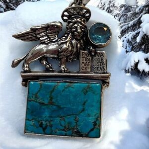 Silver Winged Lion w Crown n Book St Mark Turquoise Blue Topaz Pendant